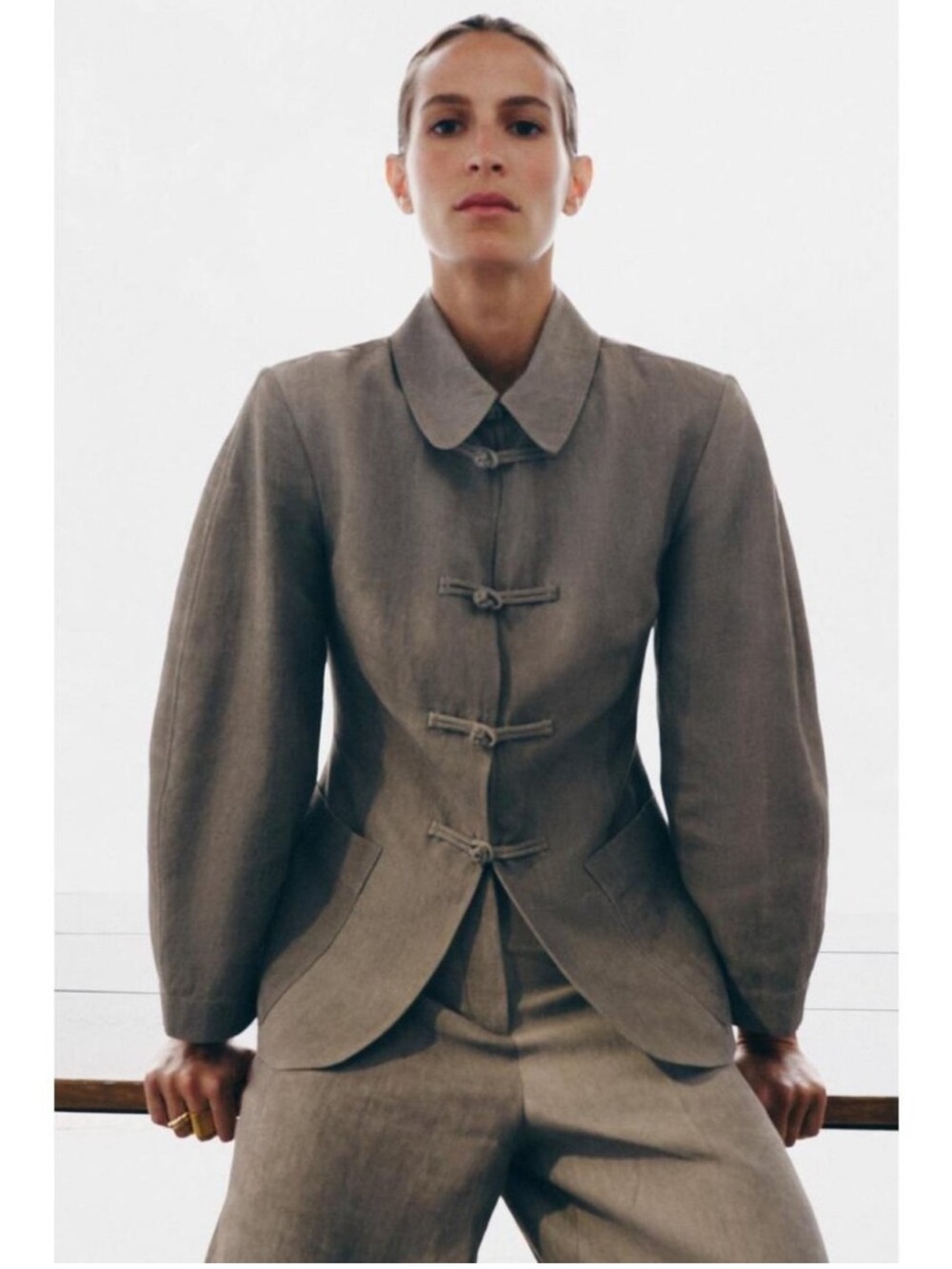 Zara ZW collection linen blend fireman clasp jacket with frog fastening